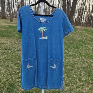 Compliments Denim Dress Embroidered Flamingo Pockets Coastal Grandma size Large
